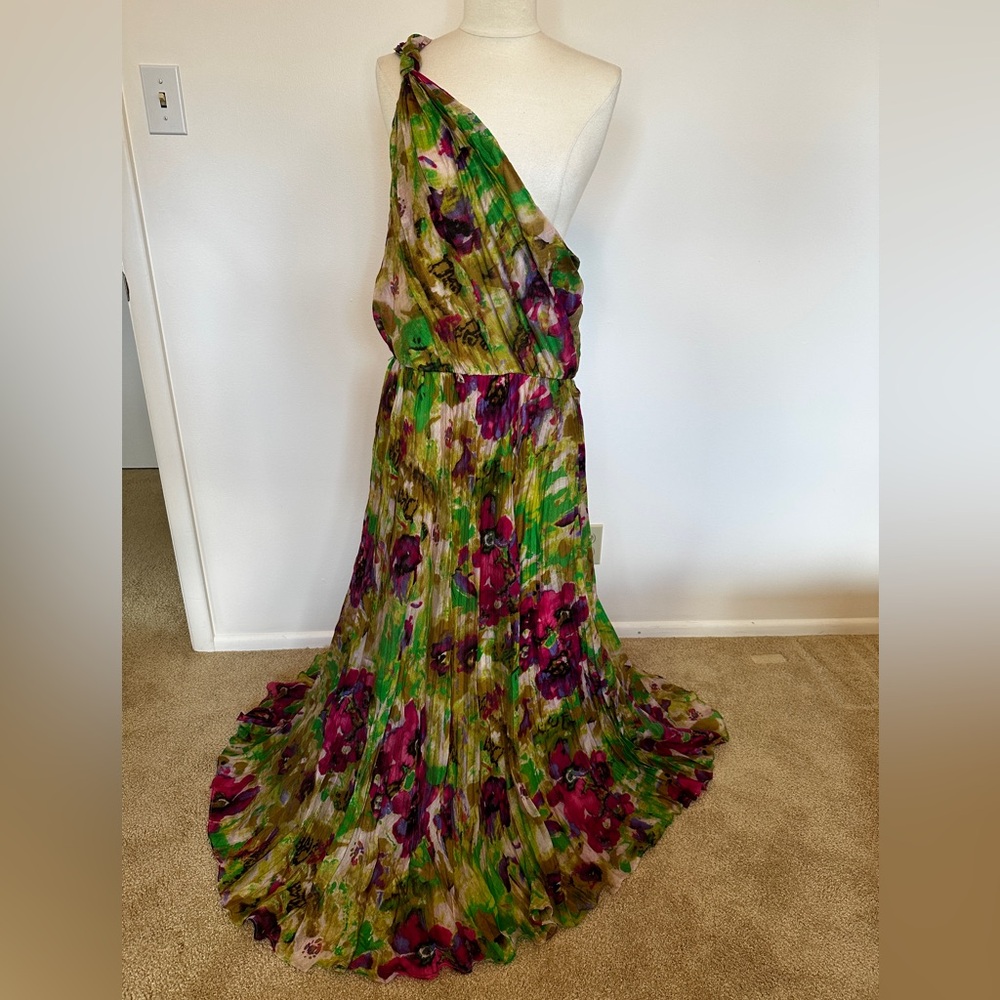 Maggy London One-Shoulder Floral Maxi Dress in Green and Magenta